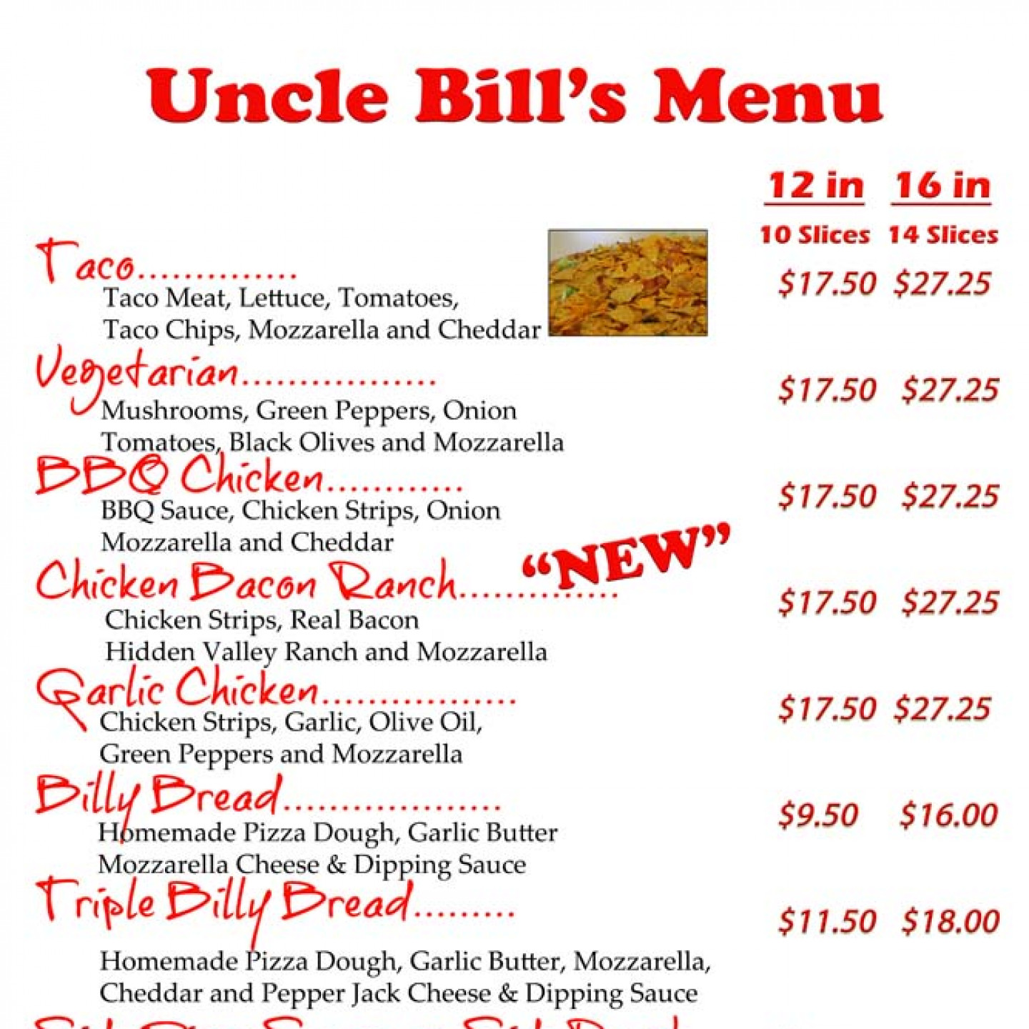 Menu | Davenport IA | Uncle Bill's Pizza